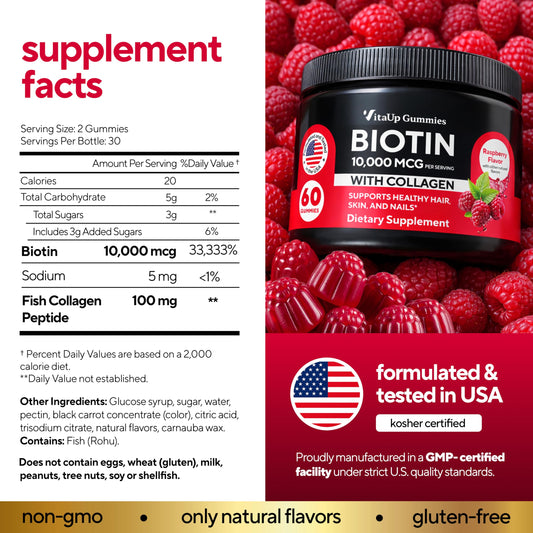 VitaUp Biotin Gummies raspberry close-up highlighting chewy texture and flavor.