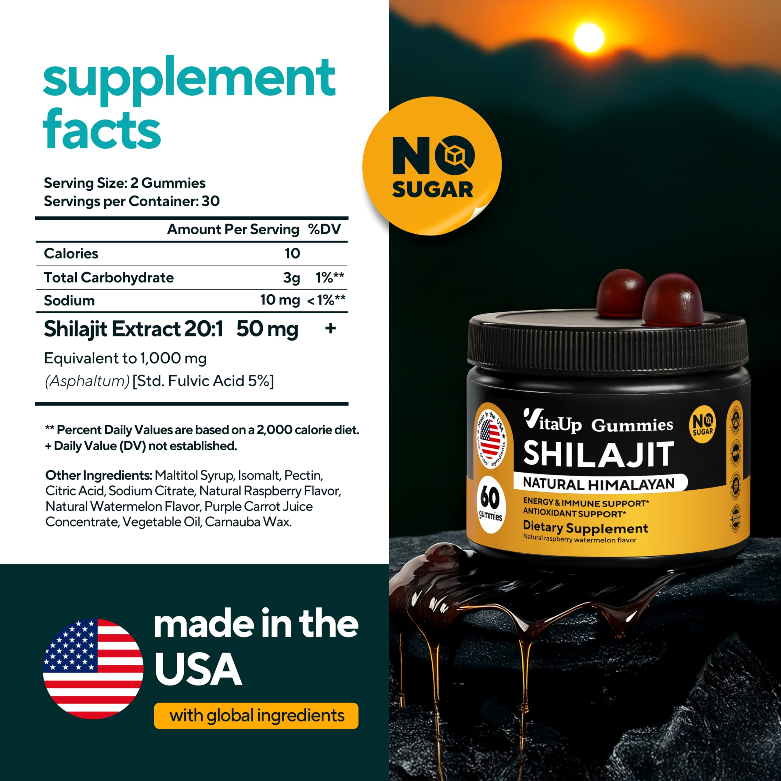 VitaUp Shilajit Gummies raspberry flavor label visible, sugar-free promise.