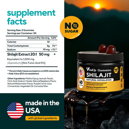 VitaUp Shilajit Gummies raspberry flavor label visible, sugar-free promise.