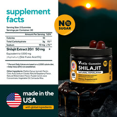 VitaUp Shilajit Gummies raspberry flavor label visible, sugar-free promise.