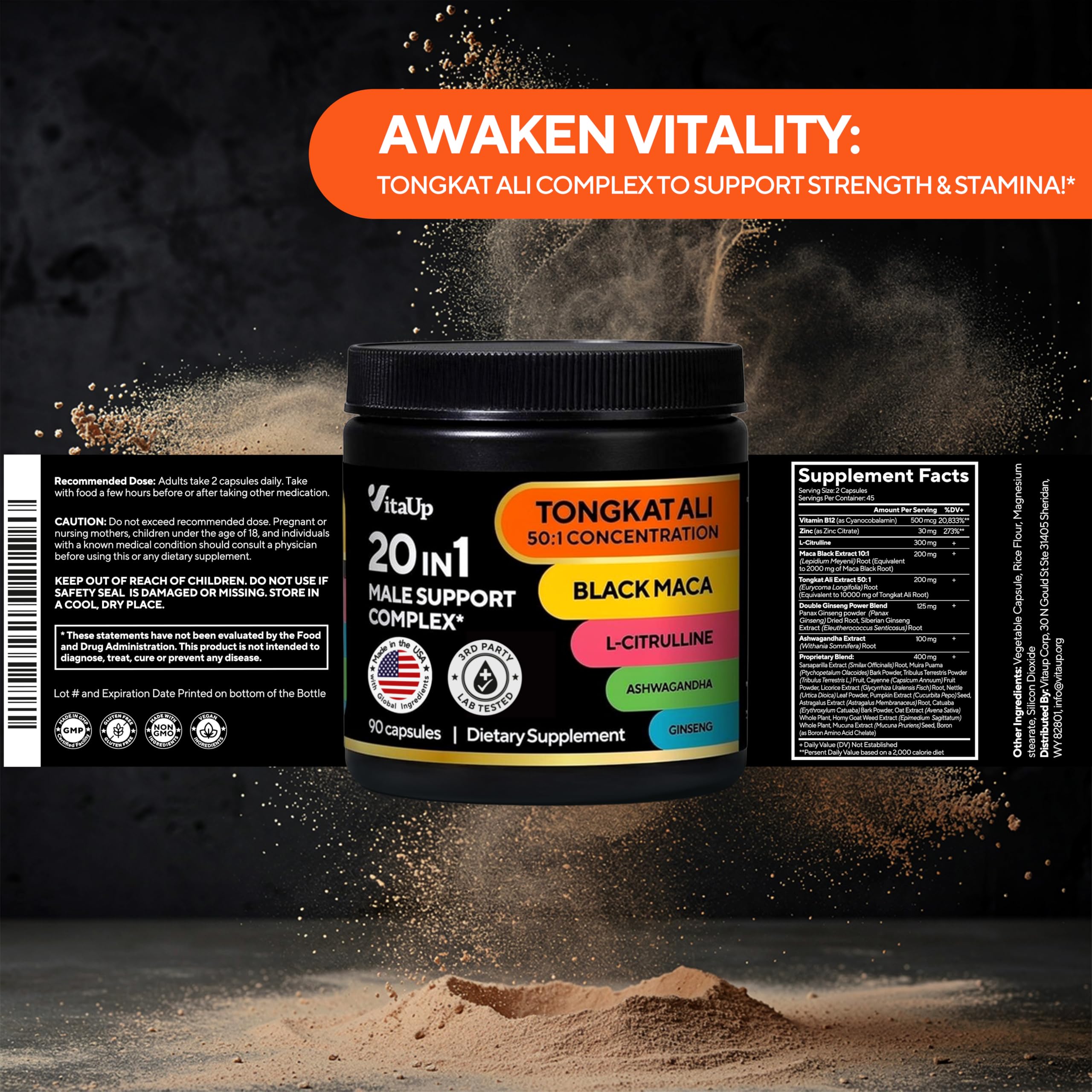 Nutrition panel shows 20-in-1 ingredients and key vitamins.