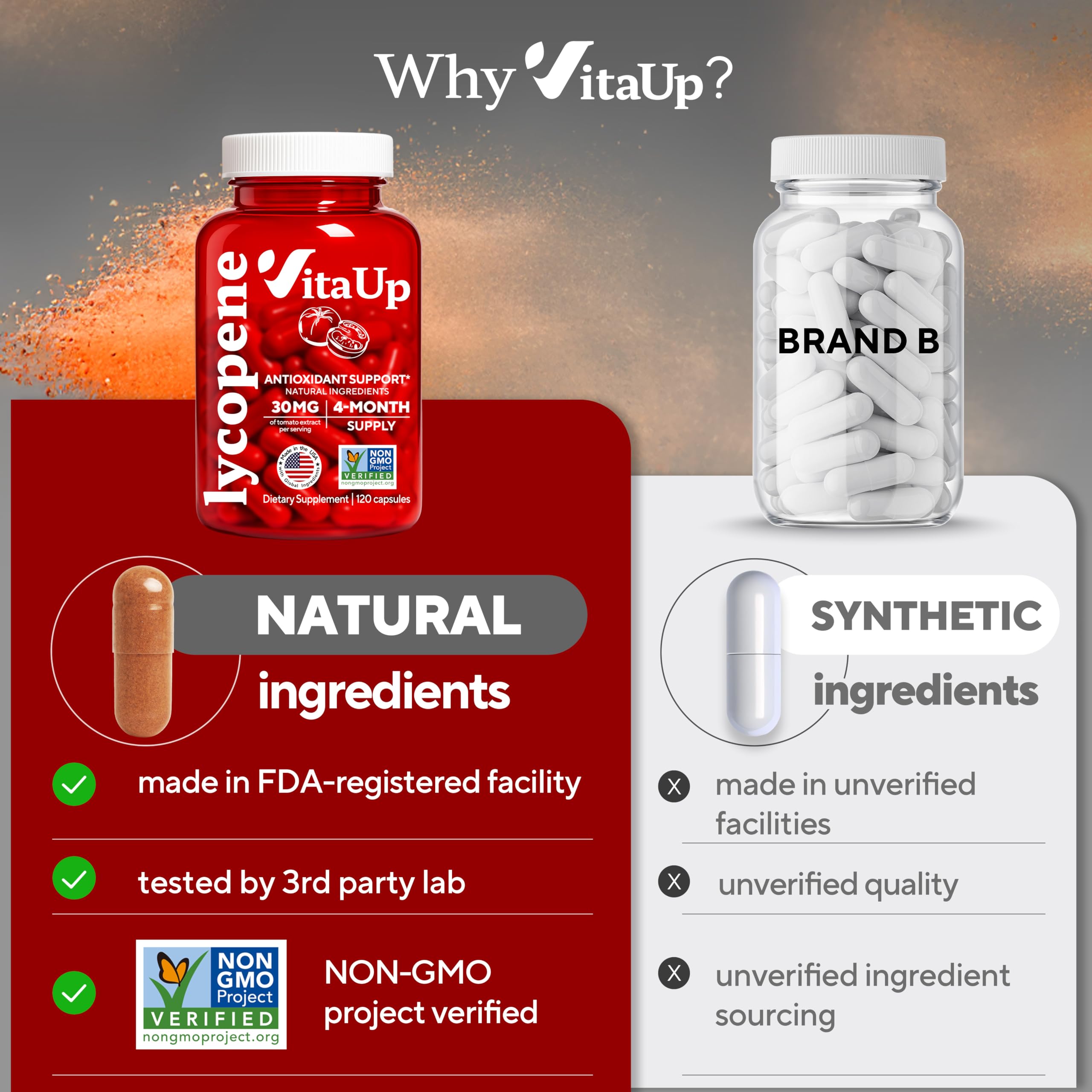 VitaUp non-GMO gluten-free claim on label for clean ingredients.