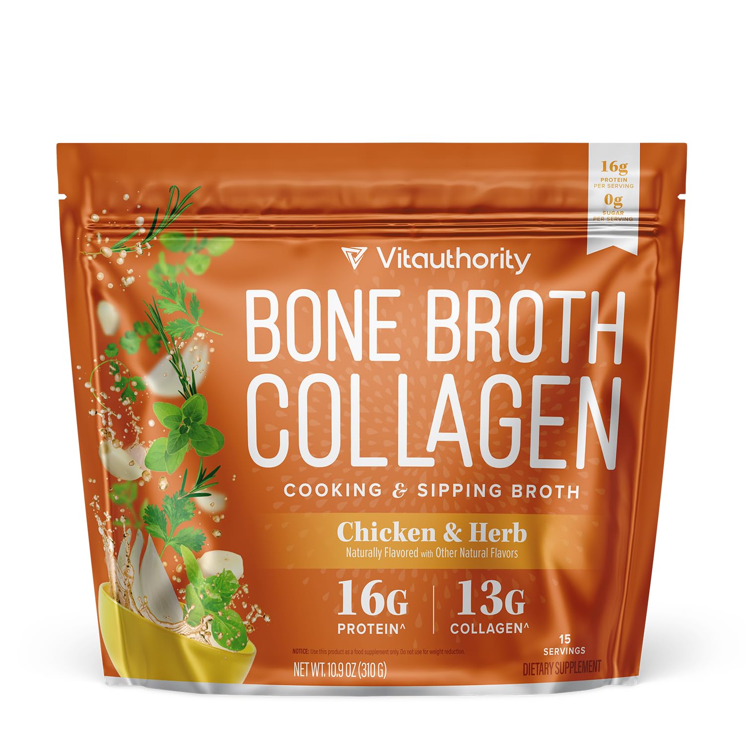 Vitauthority bone broth collagen powder bottle shows a protein-packed daily boost.