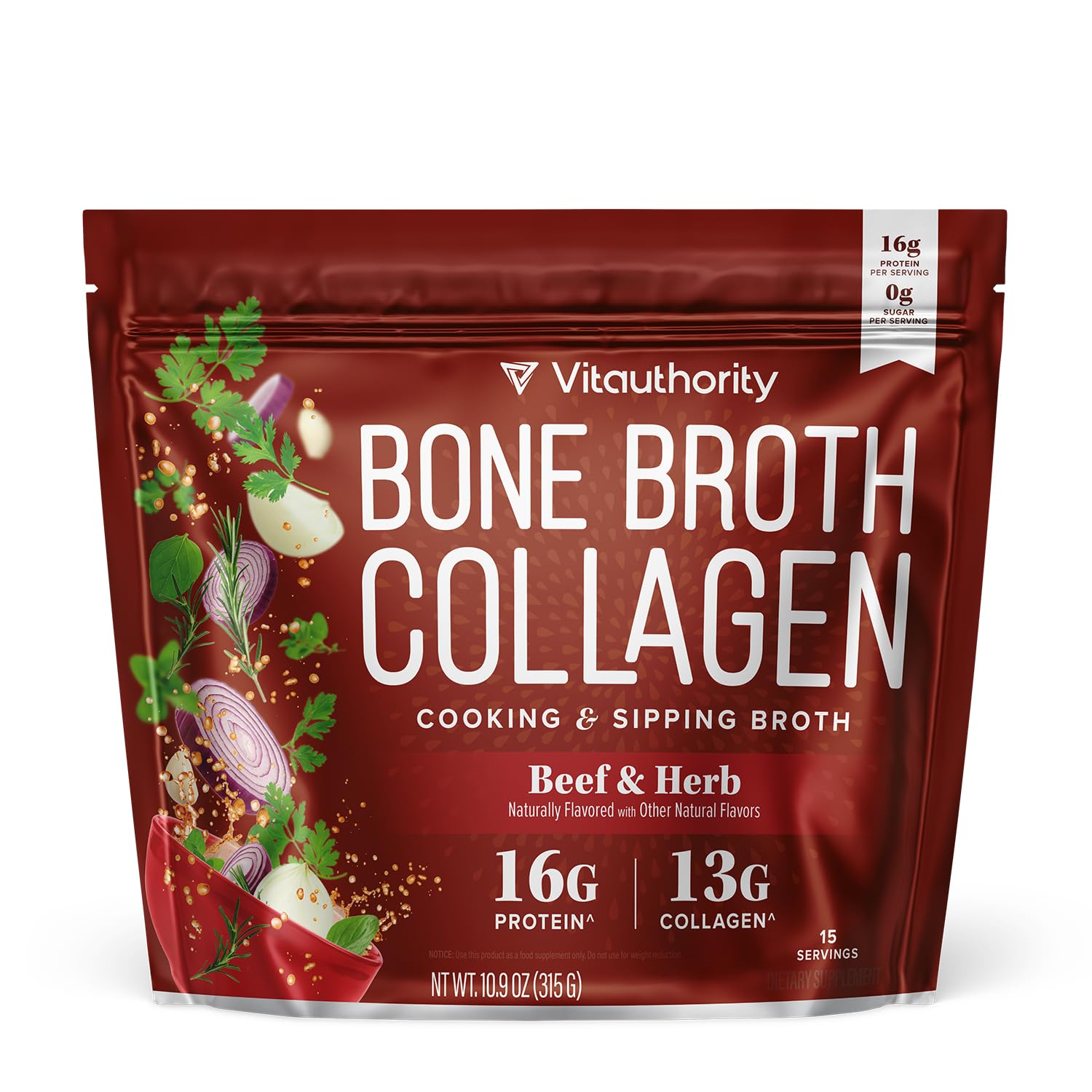 Vitauthority bone broth collagen powder bottle pour supports joints and skin
