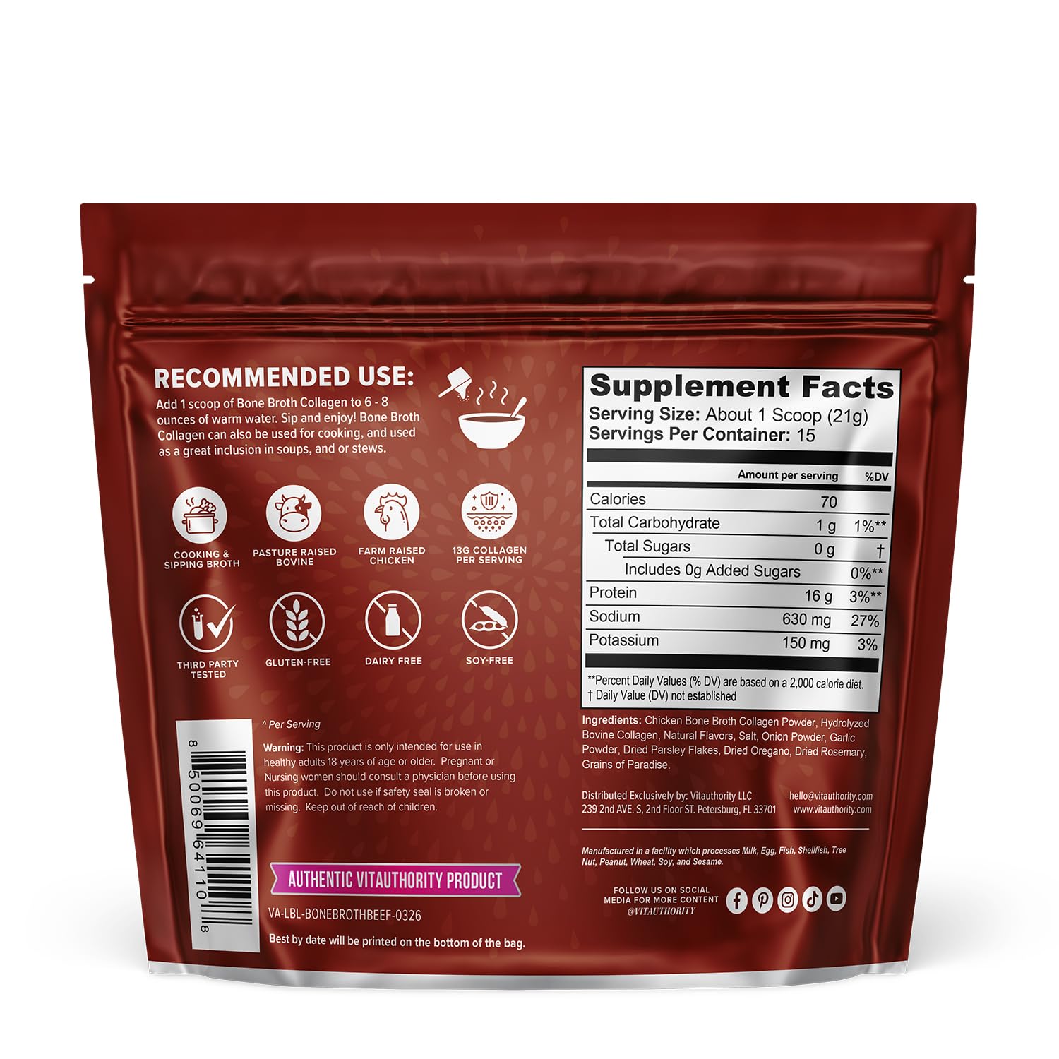 Vitauthority bone broth collagen powder packaging for easy use and storage