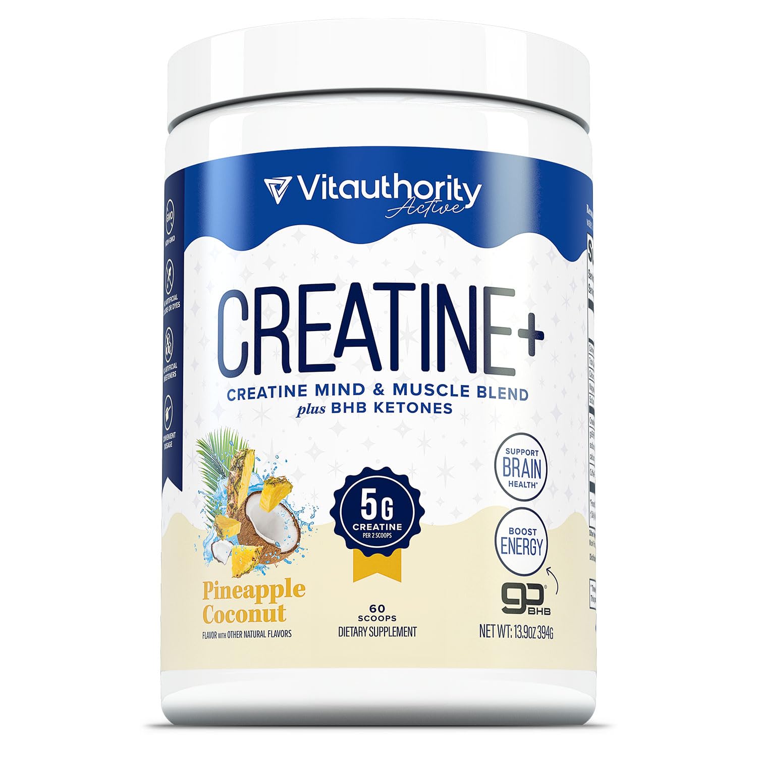 Vitauthority Creatine Monohydrate powder in pineapple coconut flavor for workouts.