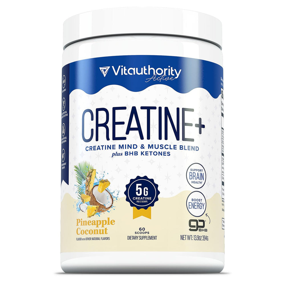 Vitauthority Creatine Monohydrate powder in pineapple coconut flavor for workouts.