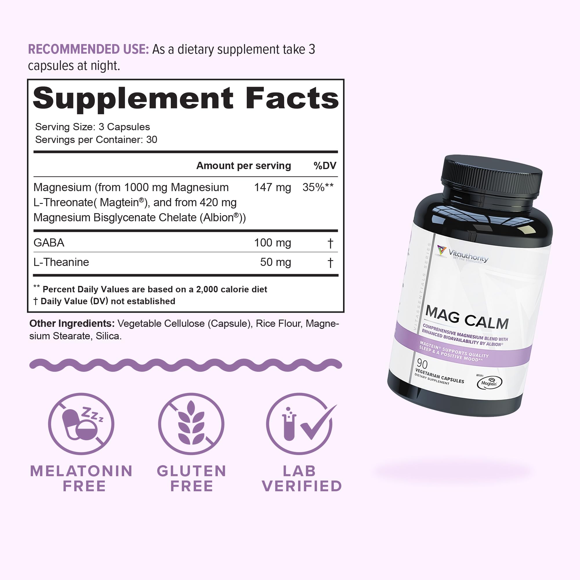 Vitauthority Mag Calm capsules closeup showing a gentle, stomach-friendly relaxation option