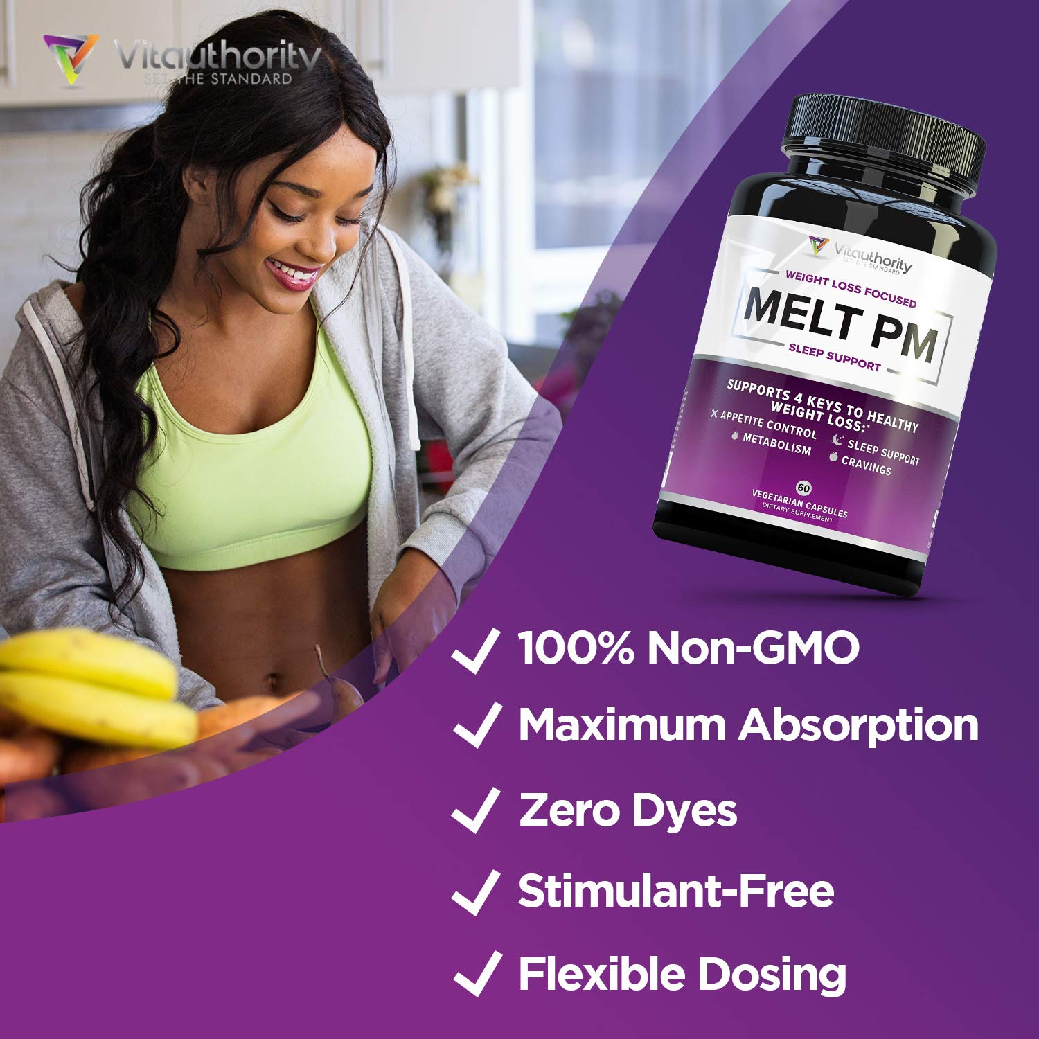 Dosing flexibility with one or two MELT PM capsules shown side by side.