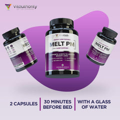 Product label of MELT PM emphasizing natural nighttime formula.