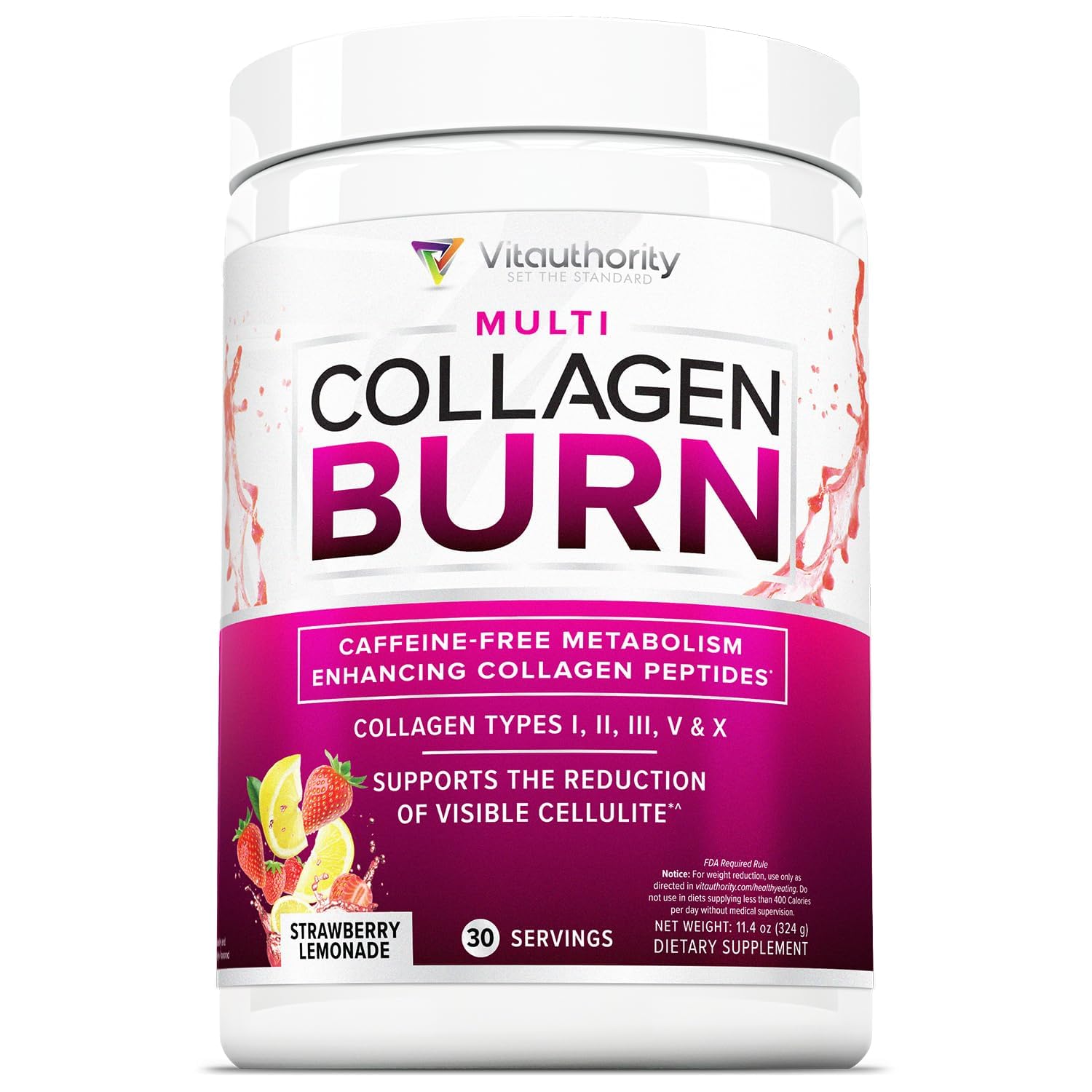 Vitauthority Multi Collagen Burn bottle showcasing flavor and formulation benefits
