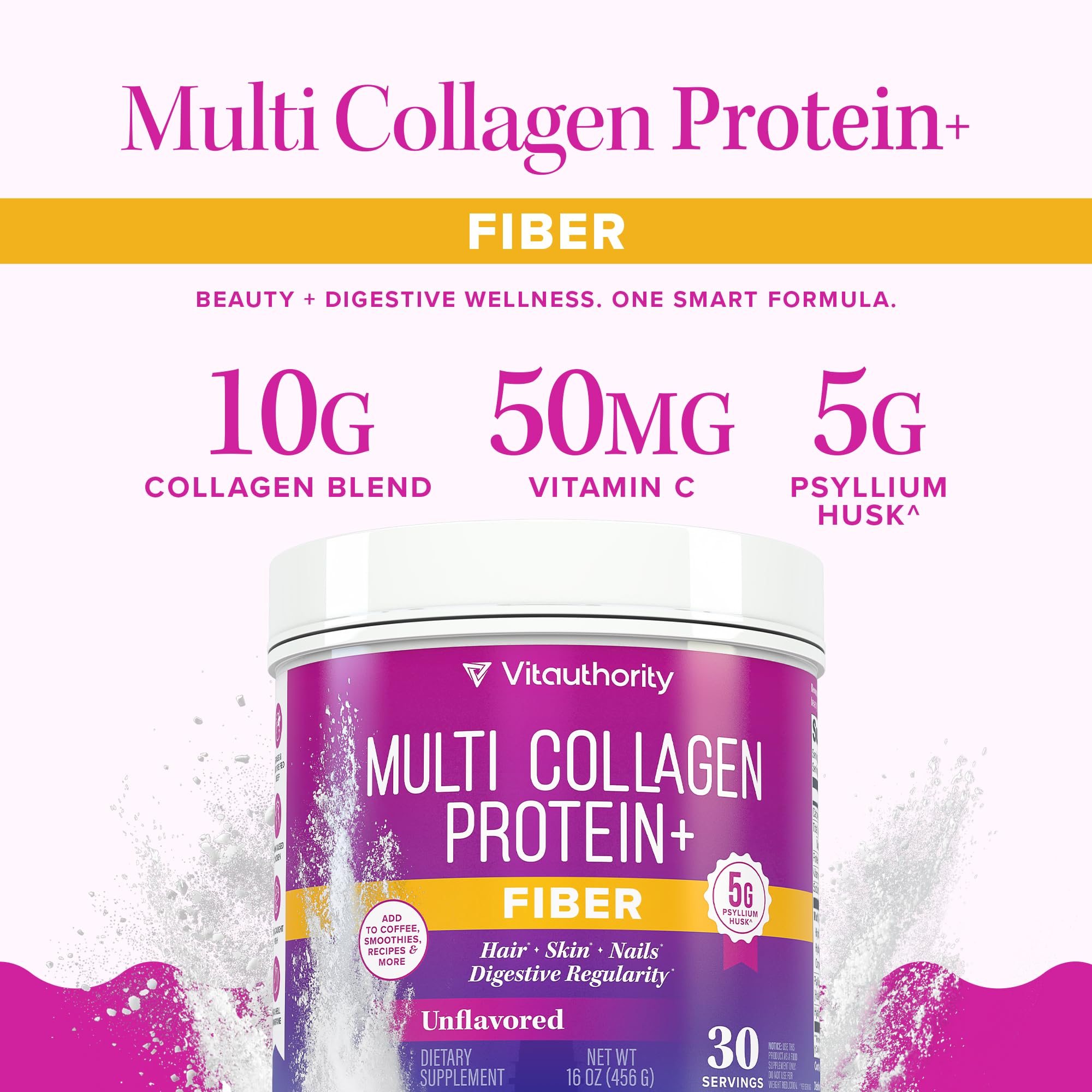 Vitauthority Multi Collagen powder in glass easily blends into liquids.