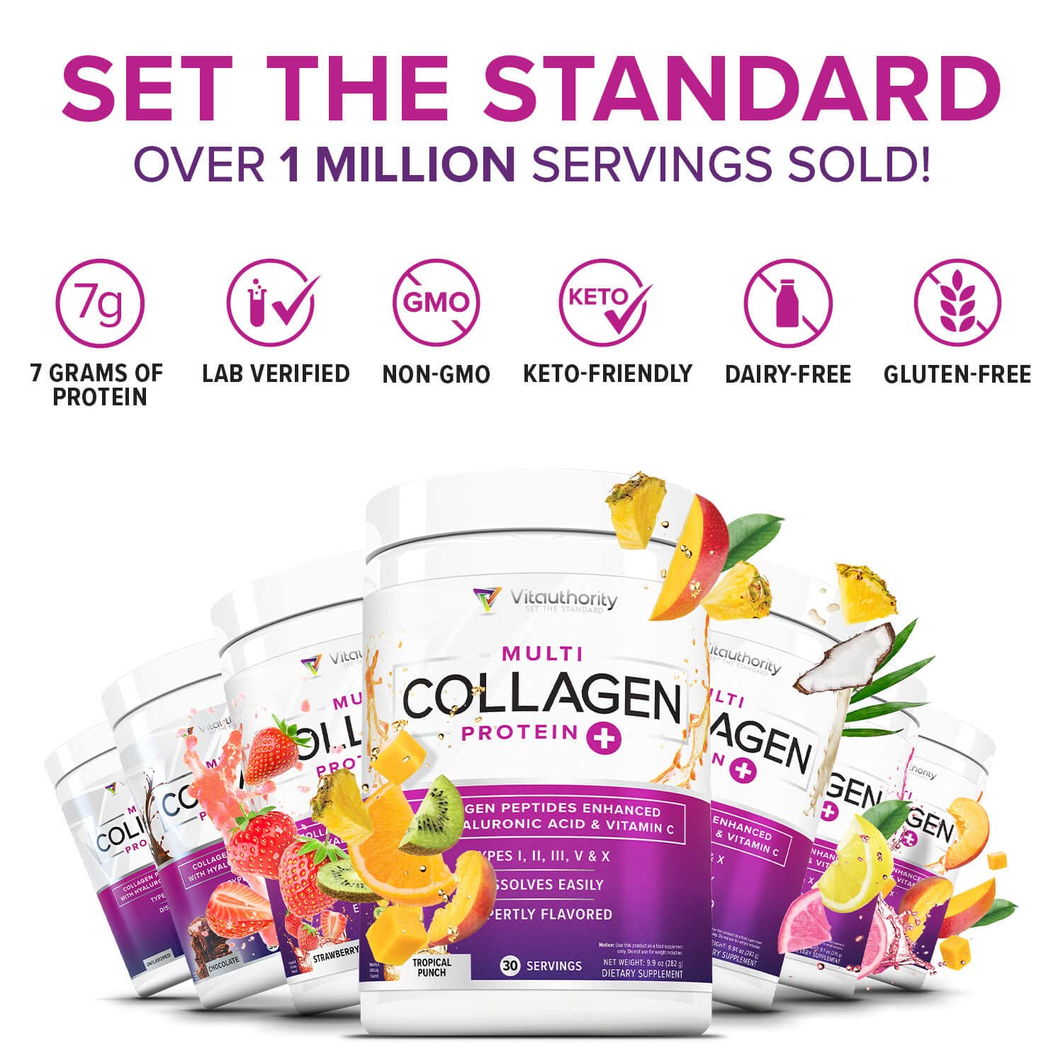 Vitauthority Collagen tub label closeup highlights five collagen types and hyaluronic acid.
