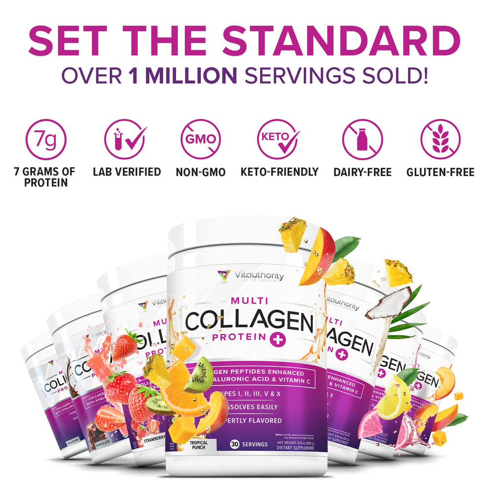 Vitauthority Collagen tub label closeup highlights five collagen types and hyaluronic acid.