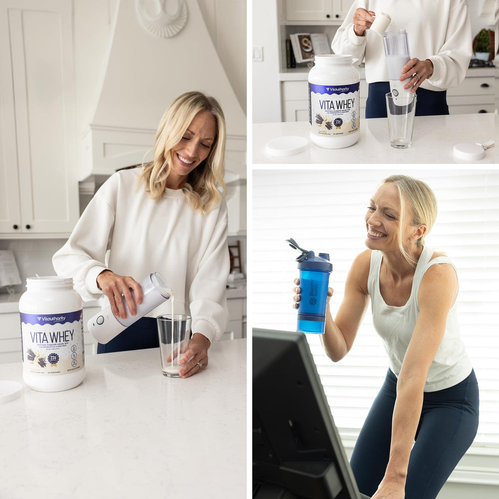 Vitauthority Vita Whey Women Post-workout scene with blender and bottle