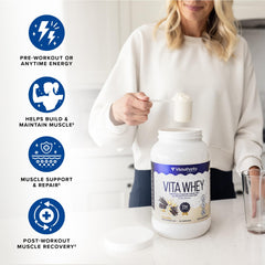 Vitauthority Whey Protein Women chocolate label closeup, probiotic-enzyme blend on display.