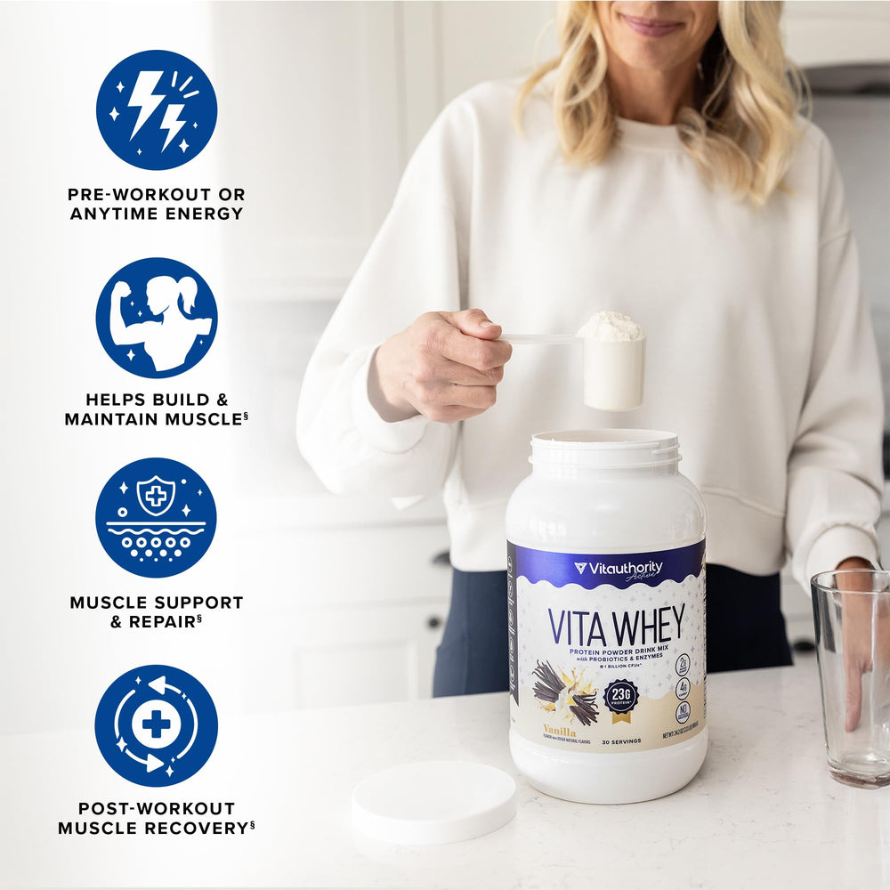 Vitauthority Whey Protein label showing probiotics and enzymes for digestion support
