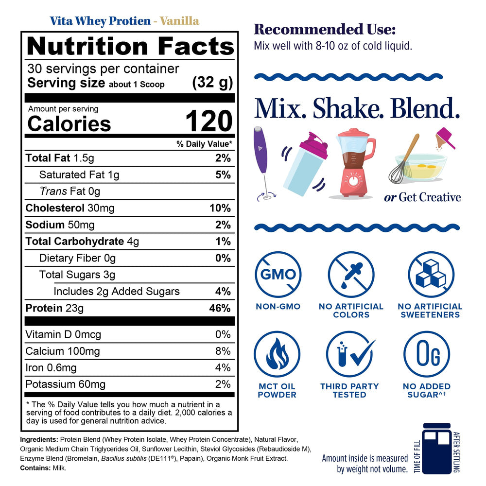 Vitauthority Whey Protein smoothie-friendly image emphasizes easy mixing