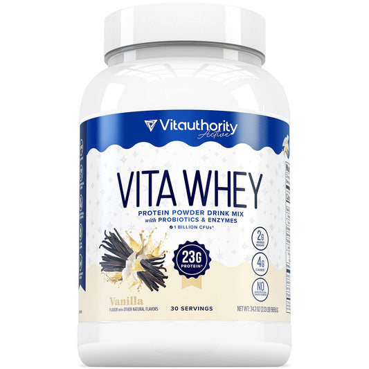 Vitauthority Whey Protein for Women vanilla tub highlighting high-protein post-workout fueling