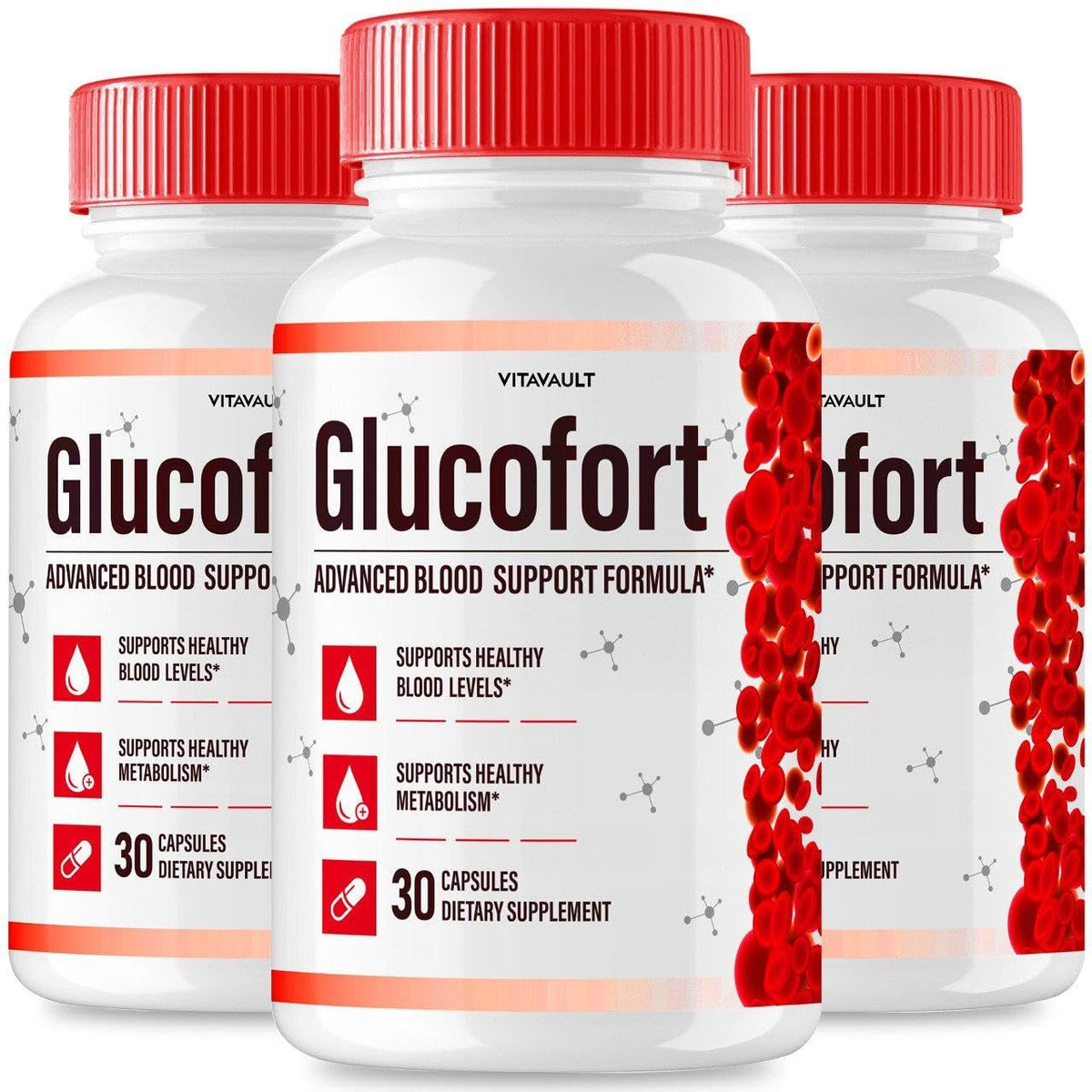 Vitavault Glucofort 3-pack bottles ready for daily blood support routine.