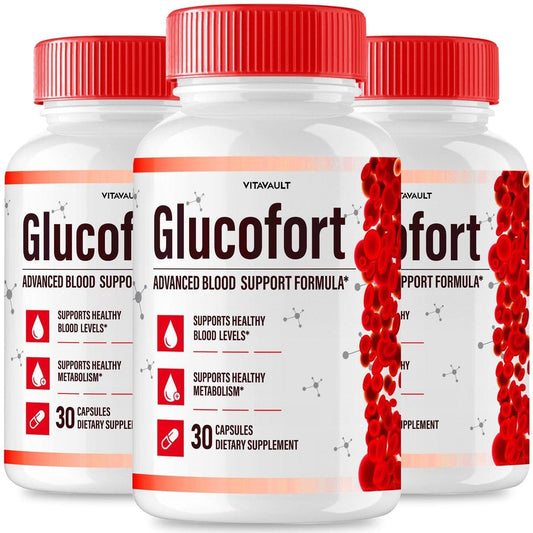 Vitavault Glucofort 3-pack bottles ready for daily blood support routine.