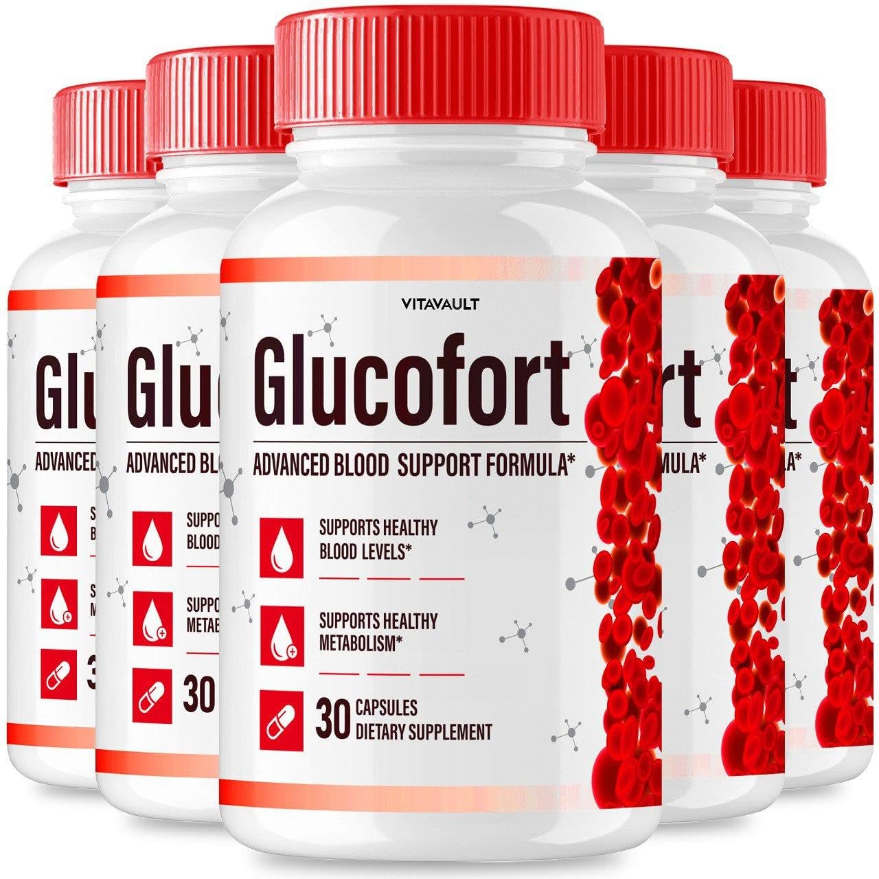 Vitavault Glucofort bottle-pack shows easy-to-swallow capsules for daily wellness support.