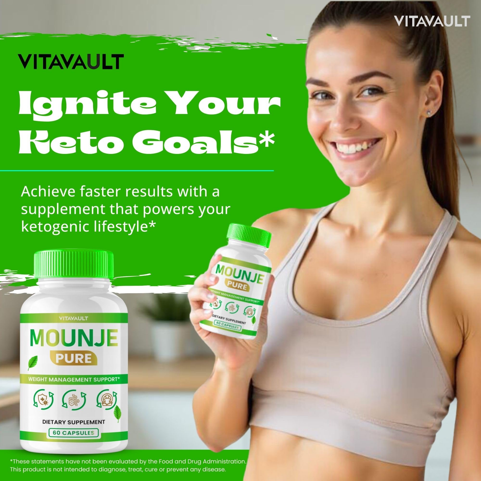 Vitavault Mounje Pure All Natural Keto Pills capsules in clear container