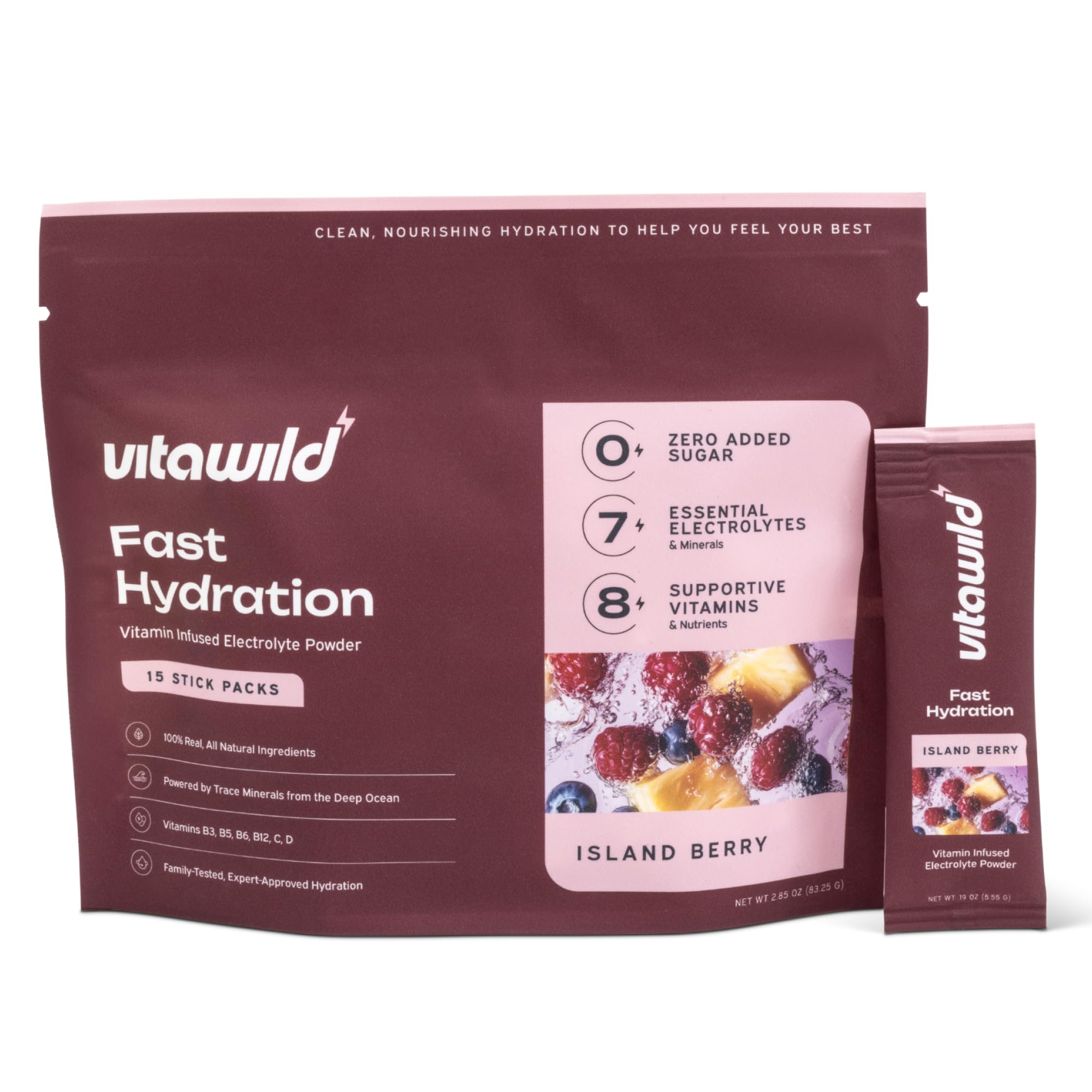 VitaWild Island Berry single-serve stick dissolving for refreshed hydration and flavor.