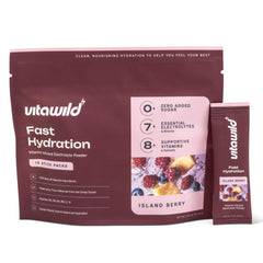 VitaWild Island Berry single-serve stick dissolving for refreshed hydration and flavor.