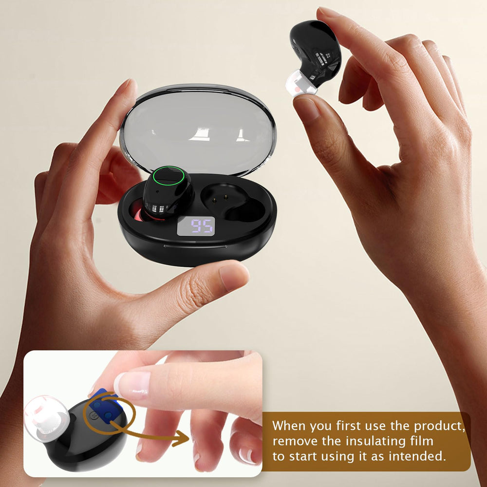 VitaYex charging case with red light ear device ready to recharge on the go.