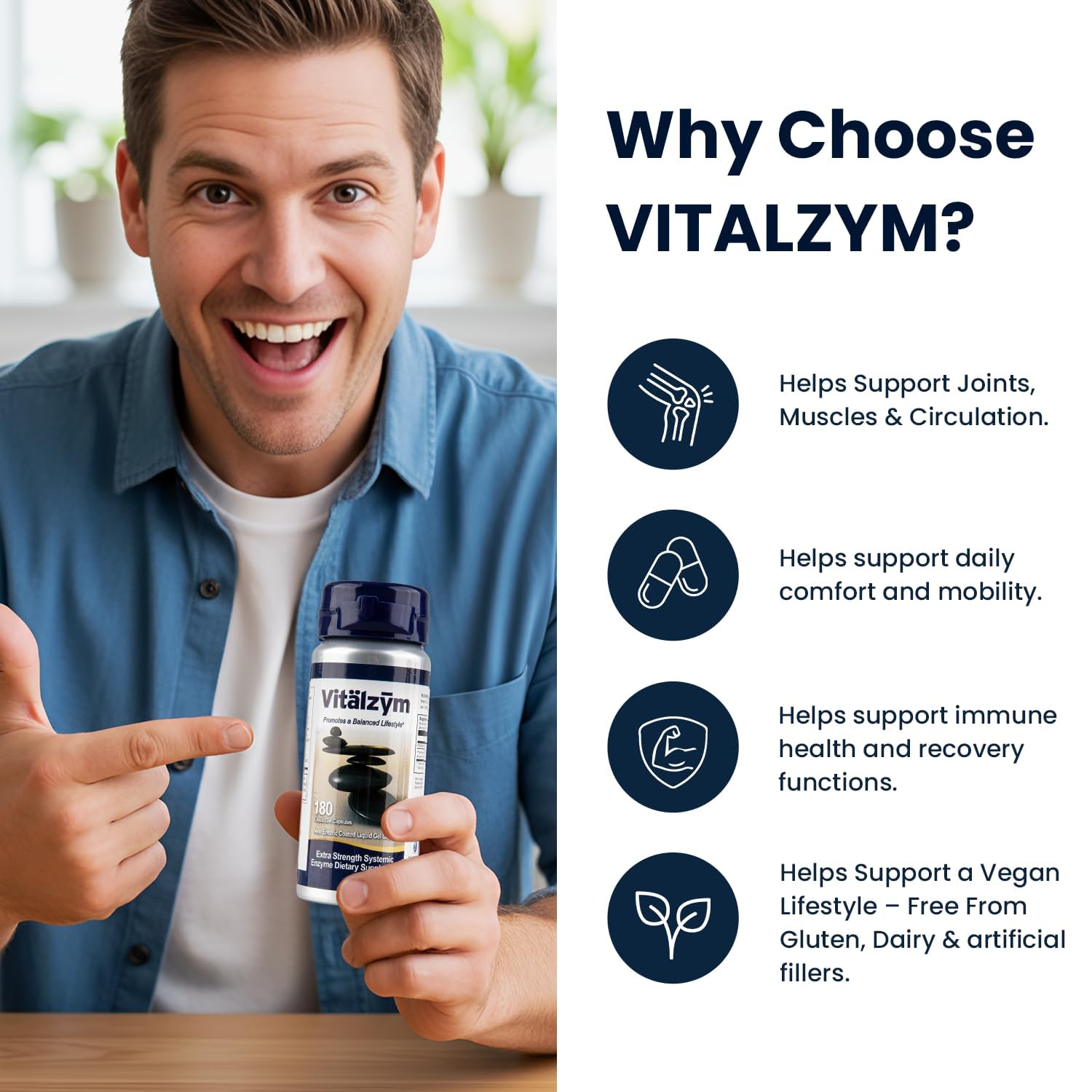 VITÄLZYM vegetarian enzyme ingredients panel featuring bromelain and papain