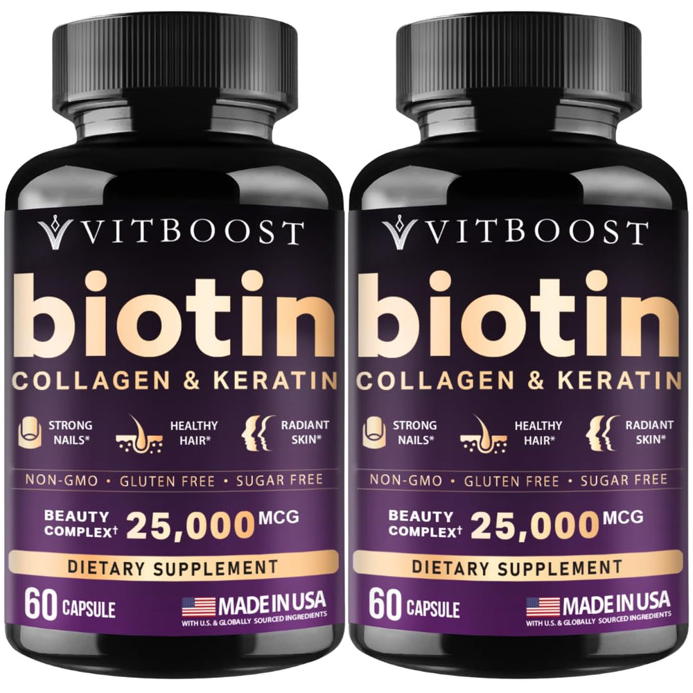 Vitboost Biotin with Hyaluronic Acid capsules highlighting hair and skin care benefits