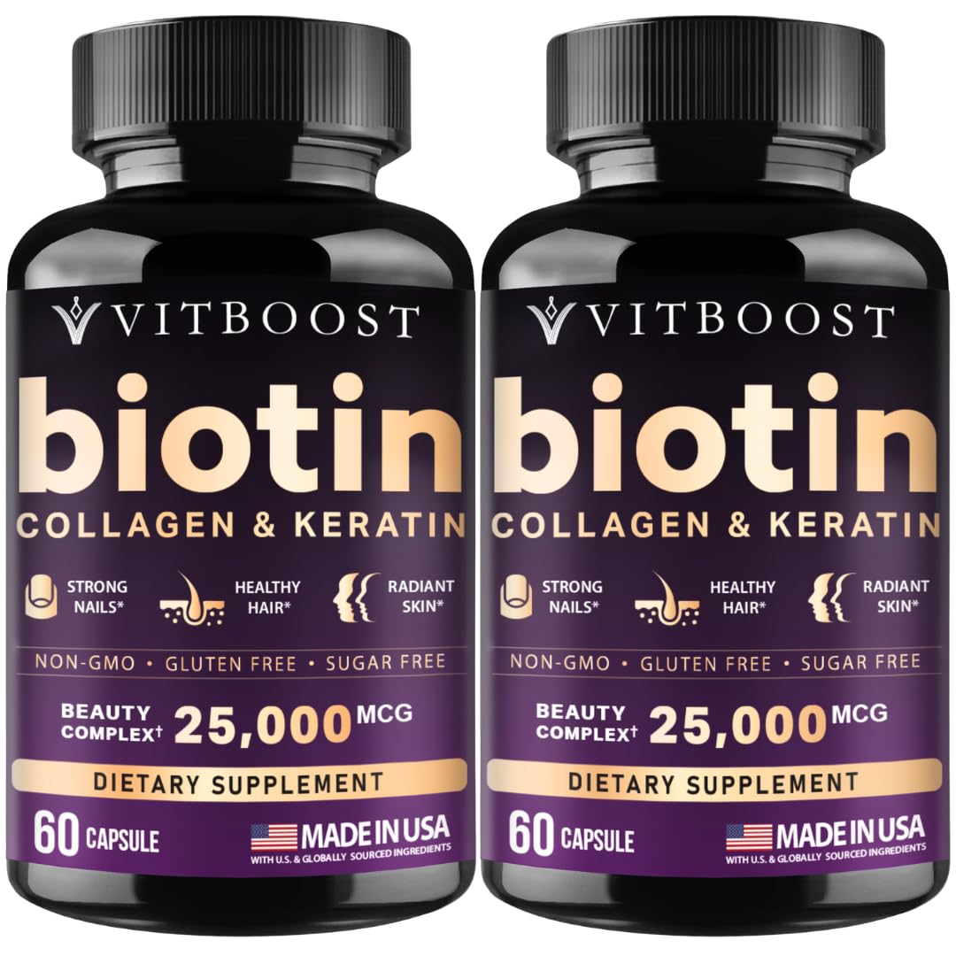 Vitboost Biotin with Hyaluronic Acid capsules highlighting hair and skin care benefits