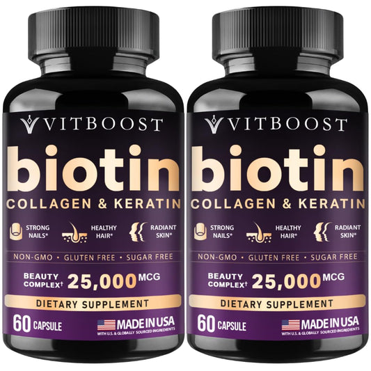 Vitboost Biotin with Hyaluronic Acid capsules highlighting hair and skin care benefits