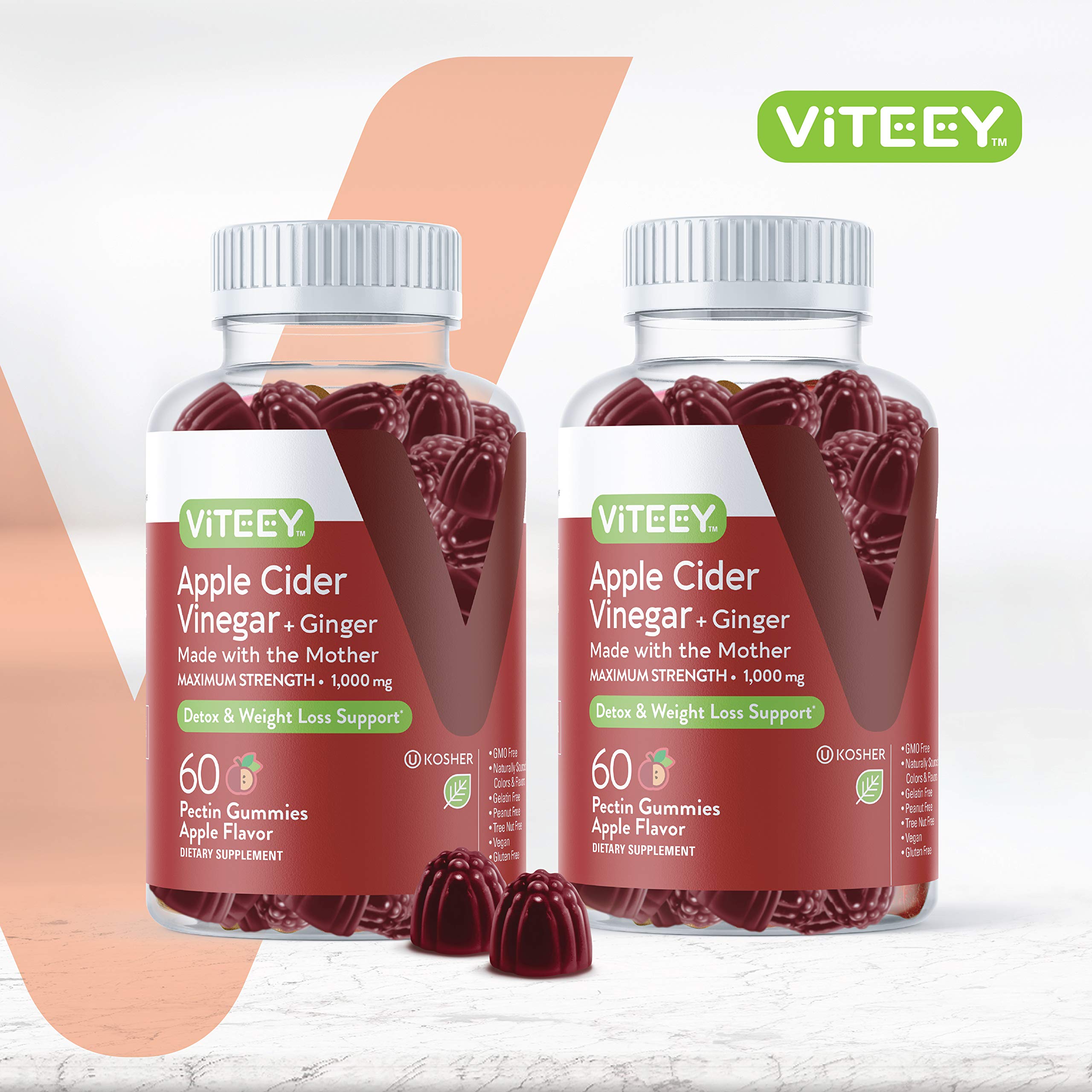 Viteey ACV gummies close-up with ginger for digestion-friendly routine.