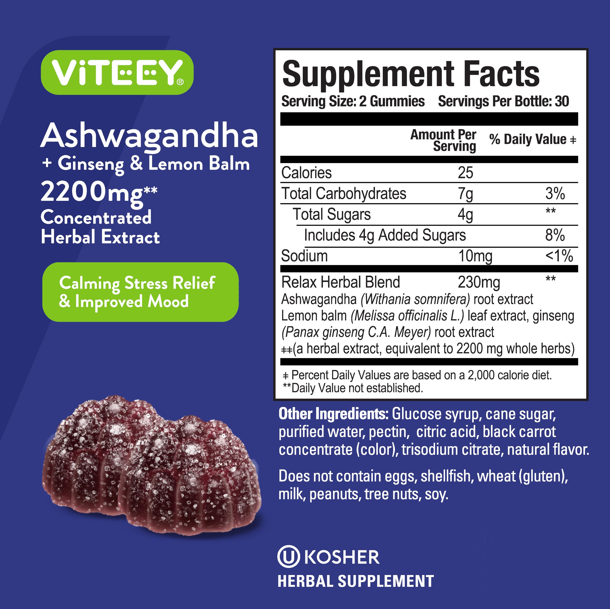 Viteey Gummies with lemon balm highlighting calming ingredients.