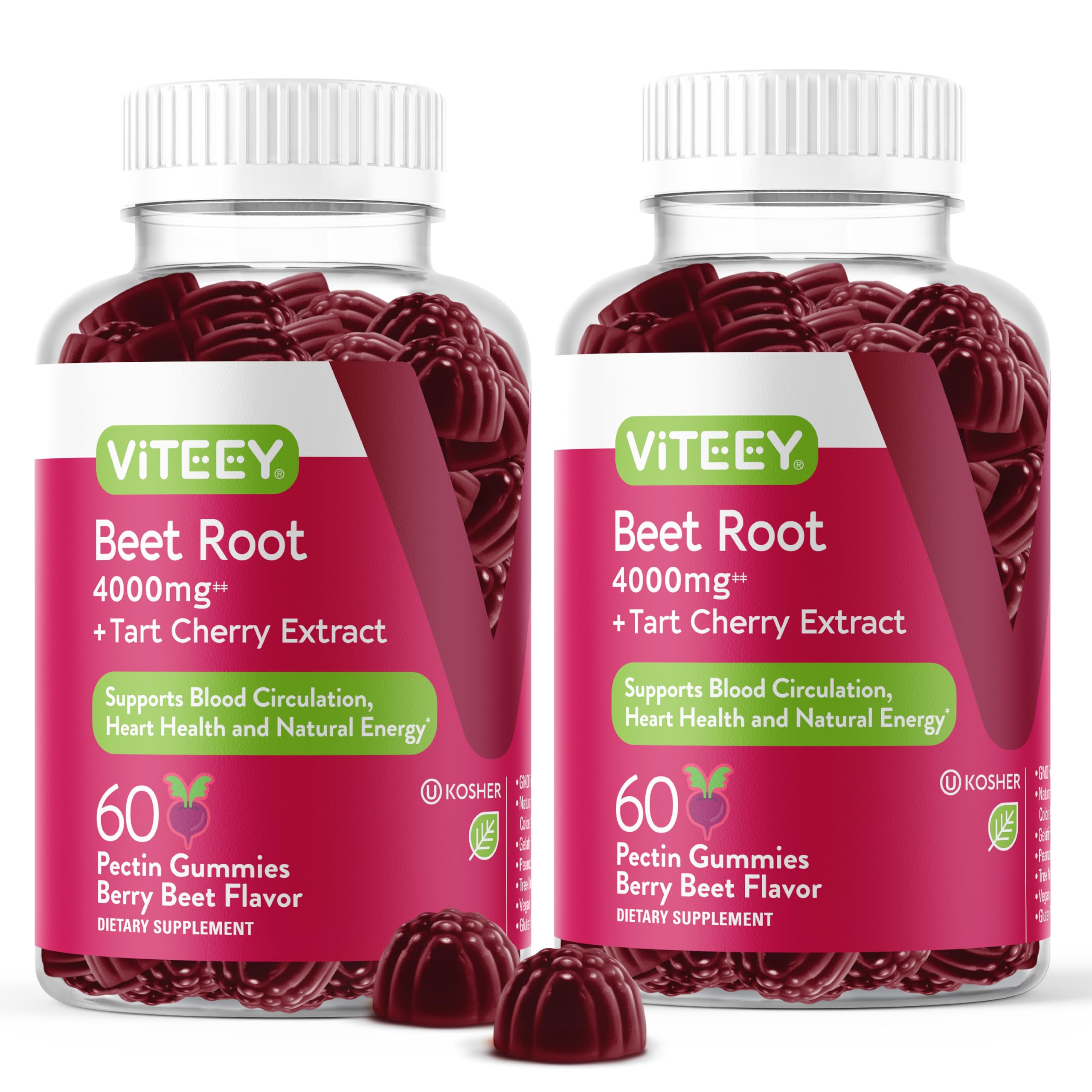 Viteey Beet Root Gummies bottle display, convenient daily supplement for heart health support.