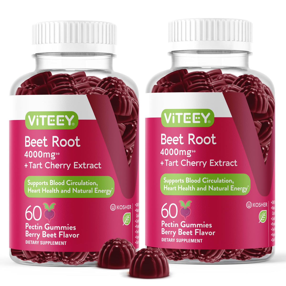 Viteey Beet Root Gummies bottle display, convenient daily supplement for heart health support.