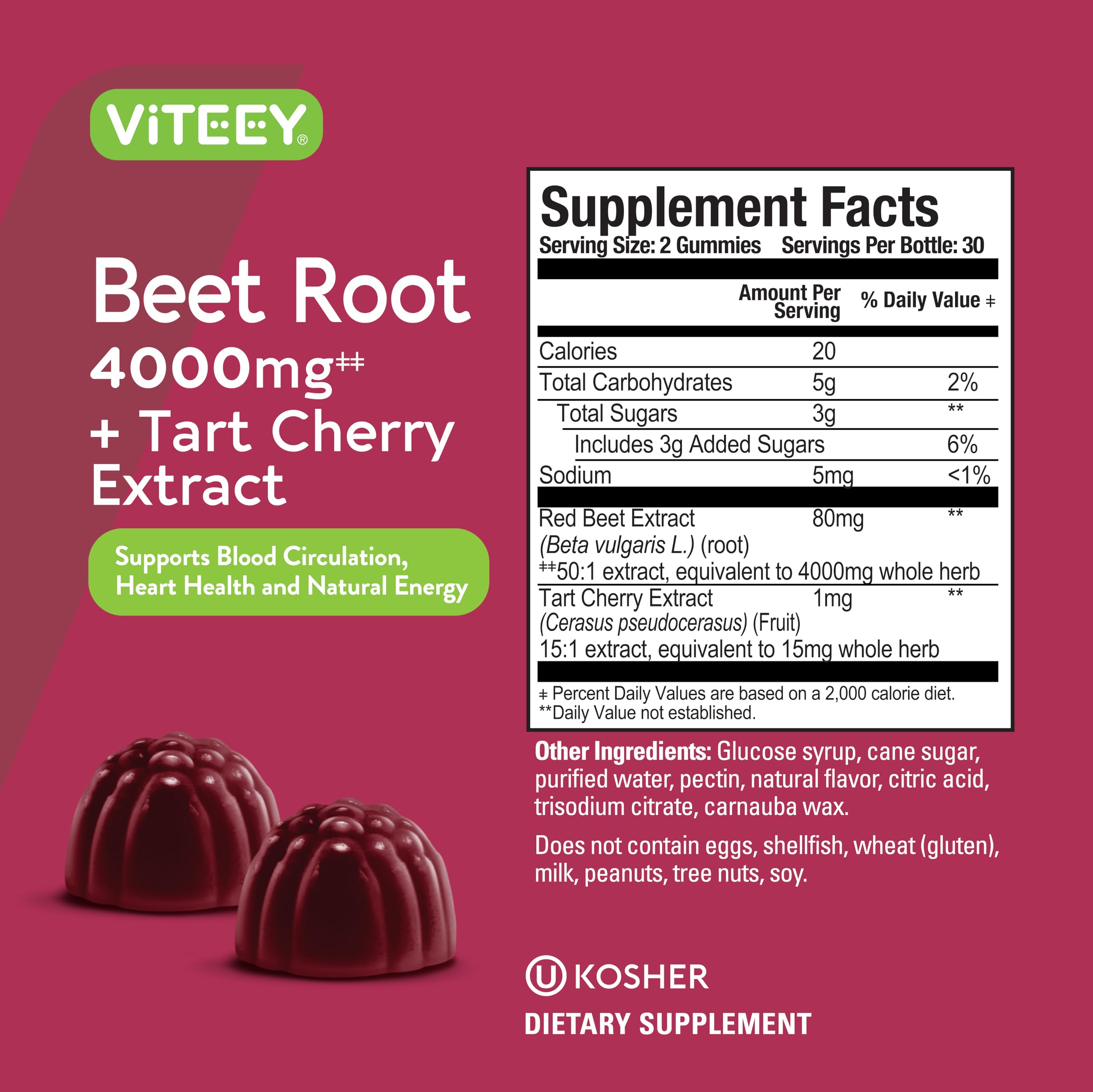 Viteey Beet Root Gummies dosage shot, two gummies per serving for convenient daily intake.