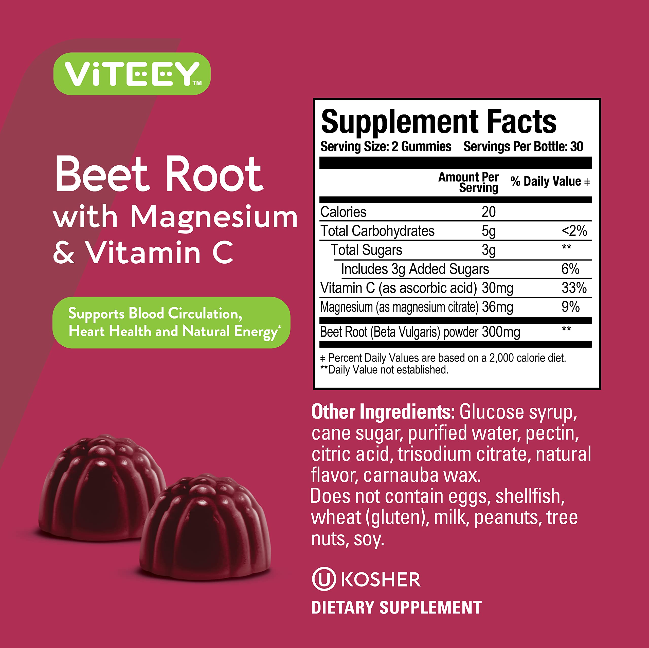 Viteey Beet Root Gummies ingredients panel emphasizes vegan, gluten-free benefits.