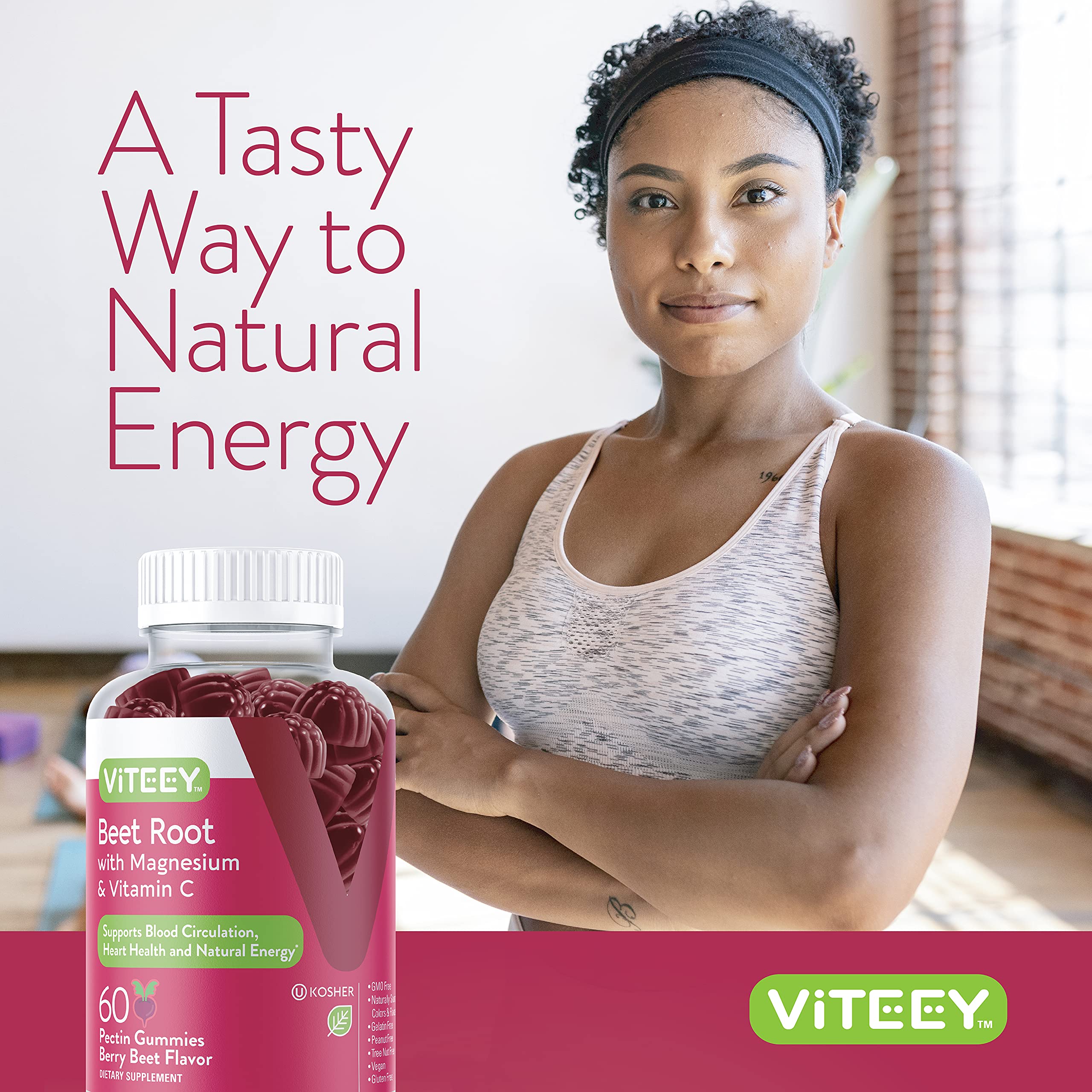 Viteey Beet Root Gummies vegan gluten-free label highlights allergy-friendly, plant-based supplement option.