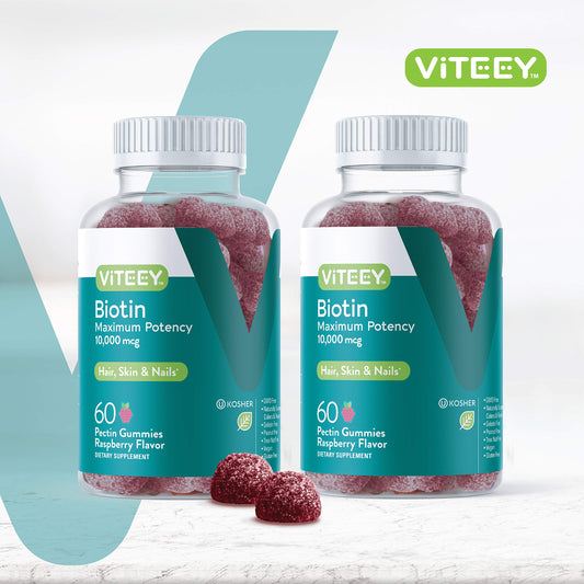Viteey Biotin Gummies hair growth focus for healthier strands.