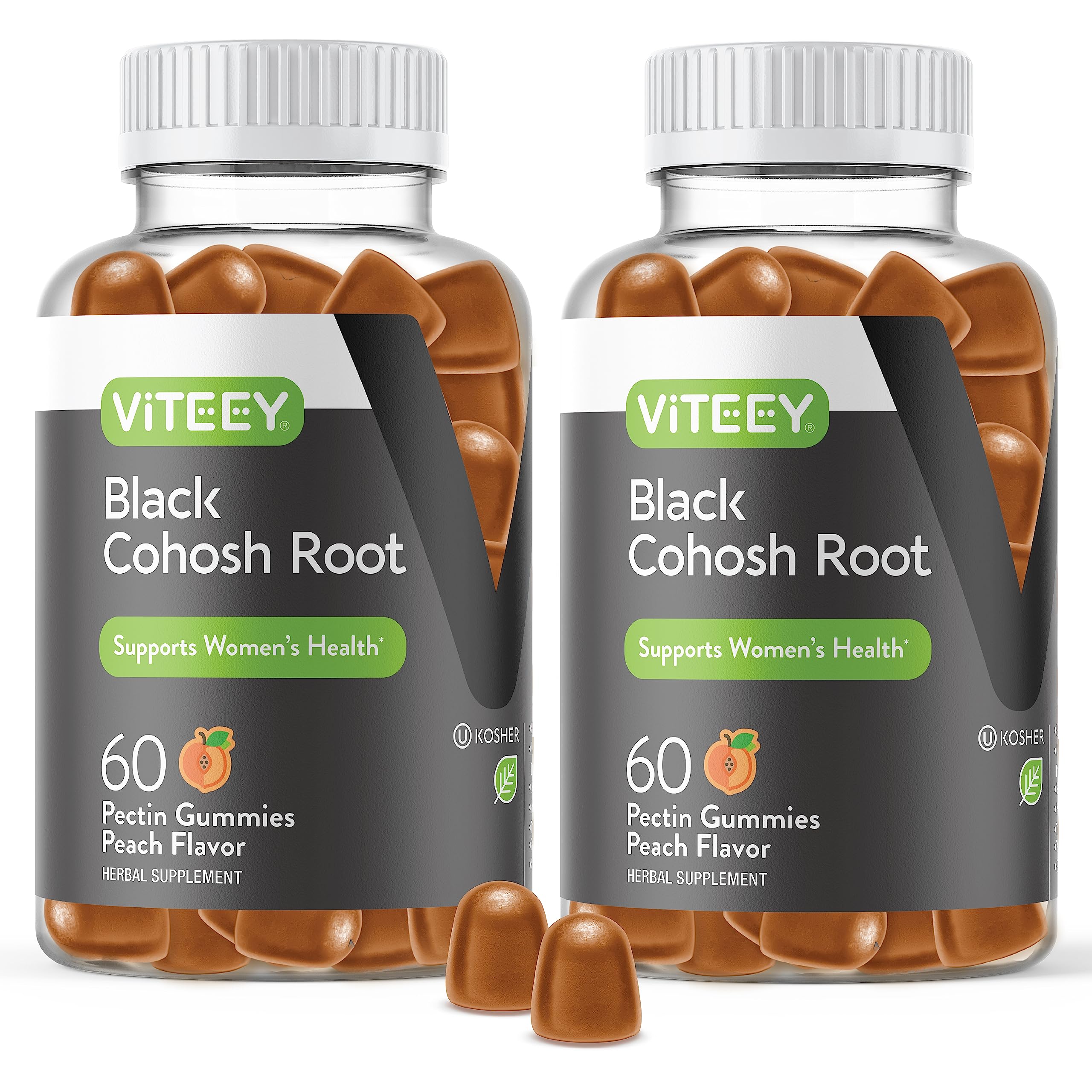 Viteey Black Cohosh Root Gummies bottle displaying vegan, gluten-free formula for menopause support.