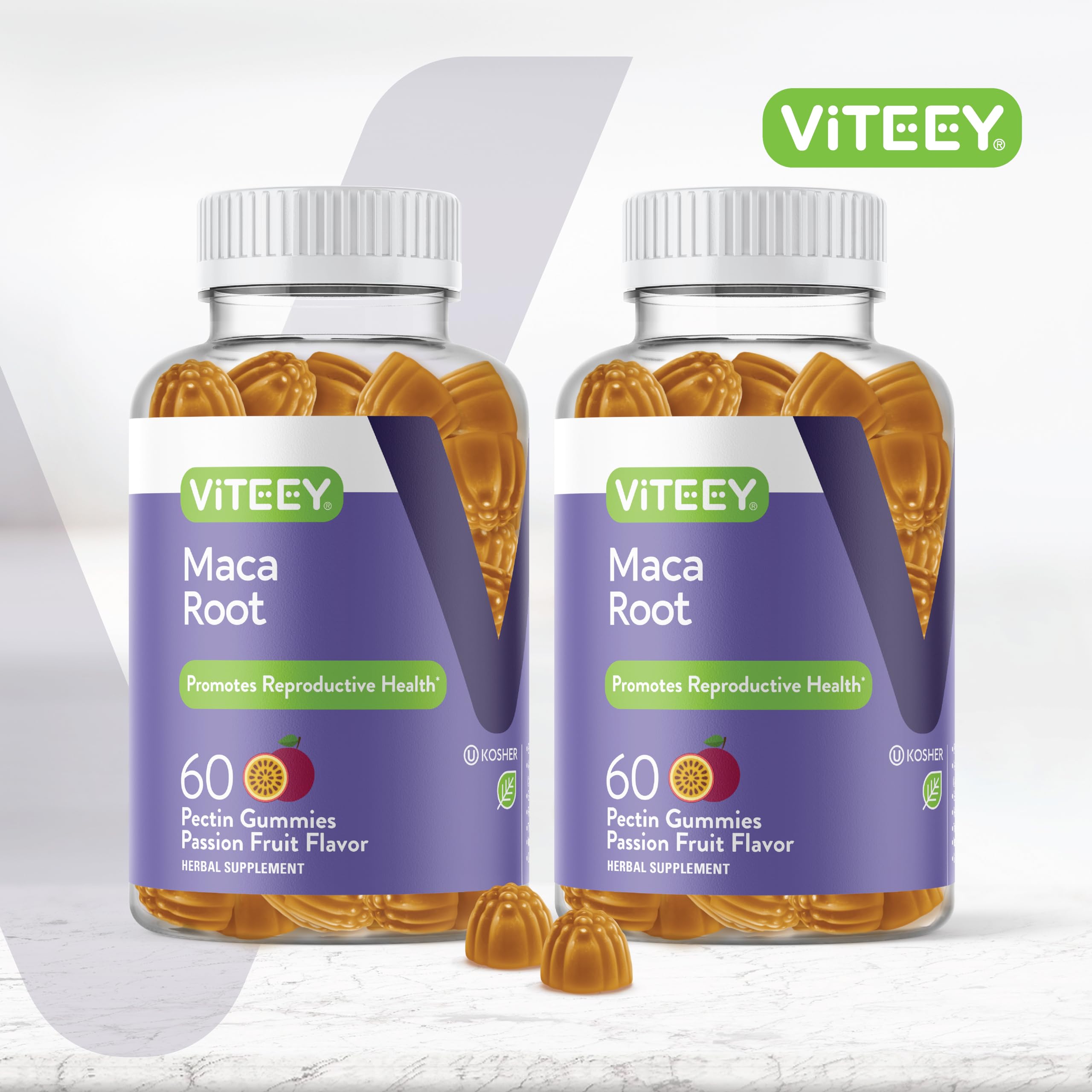 Close-up of Viteey Black Maca Root Gummies bottle highlighting texture and packaging