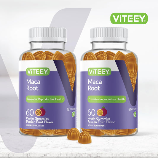 Close-up of Viteey Black Maca Root Gummies bottle highlighting texture and packaging