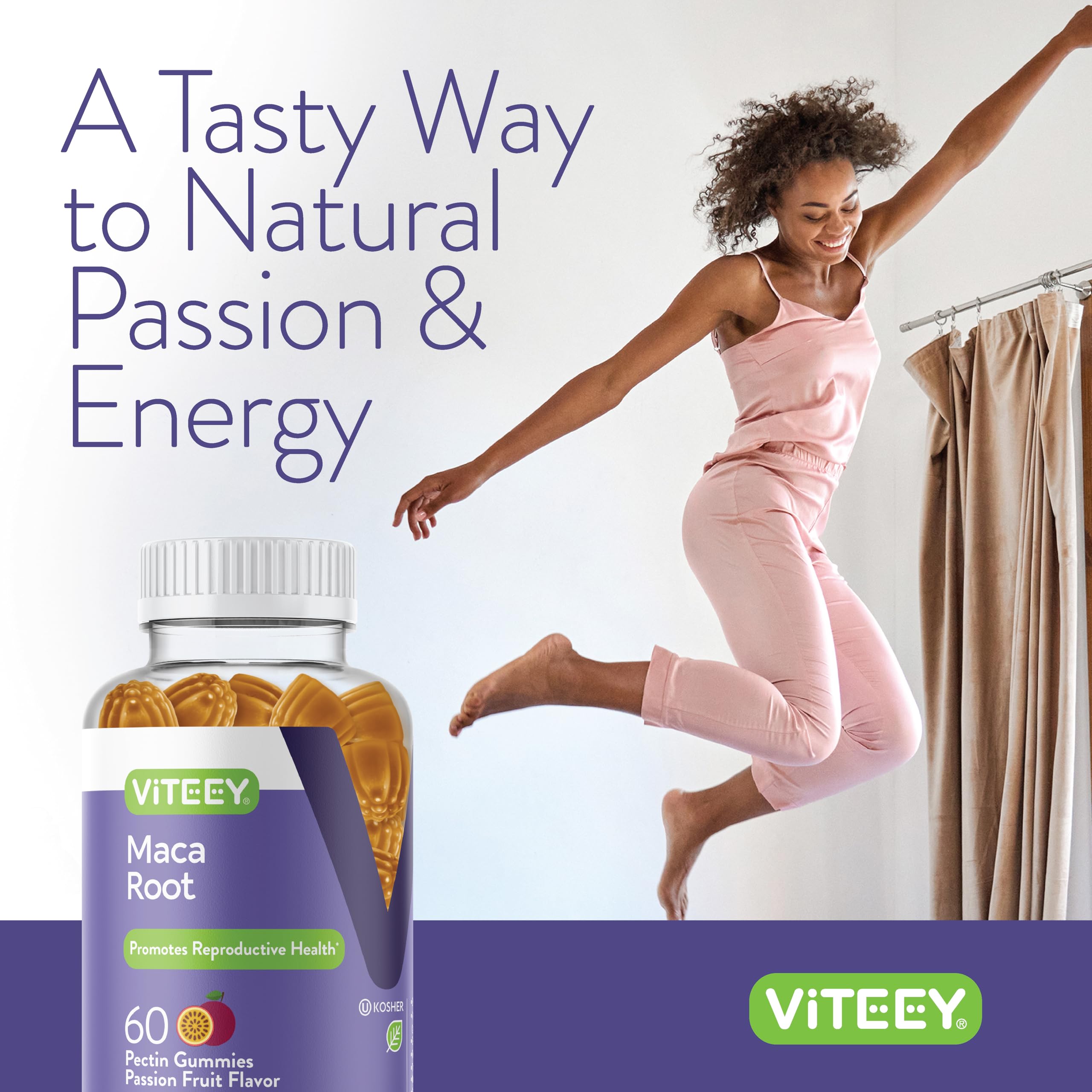Viteey Black Maca Root Gummies vegan and gluten-free badge visible for shoppers