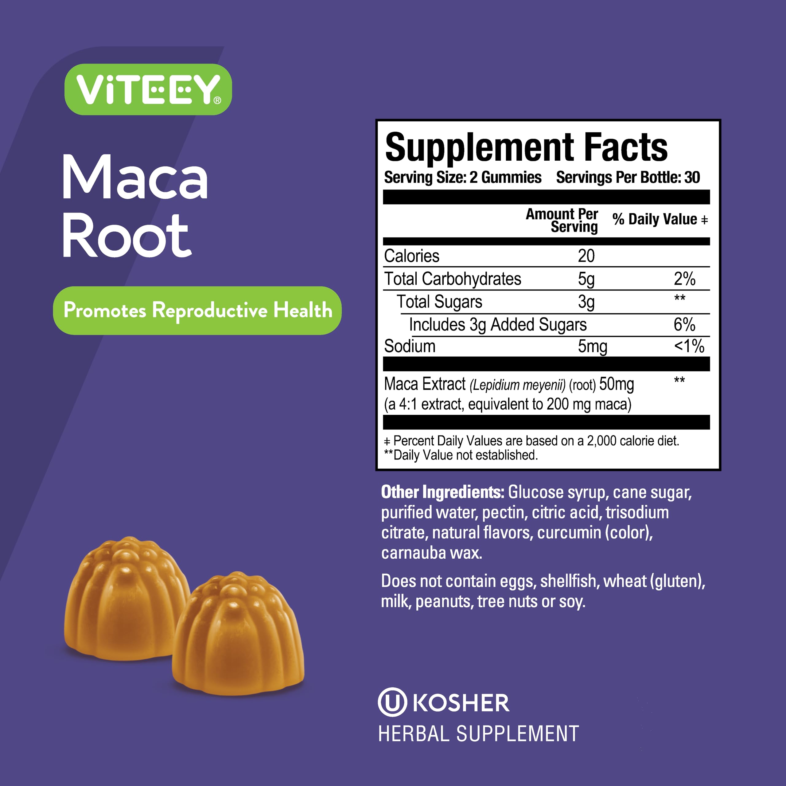 Viteey Maca Root Gummies label emphasizing vegan and gluten-free options
