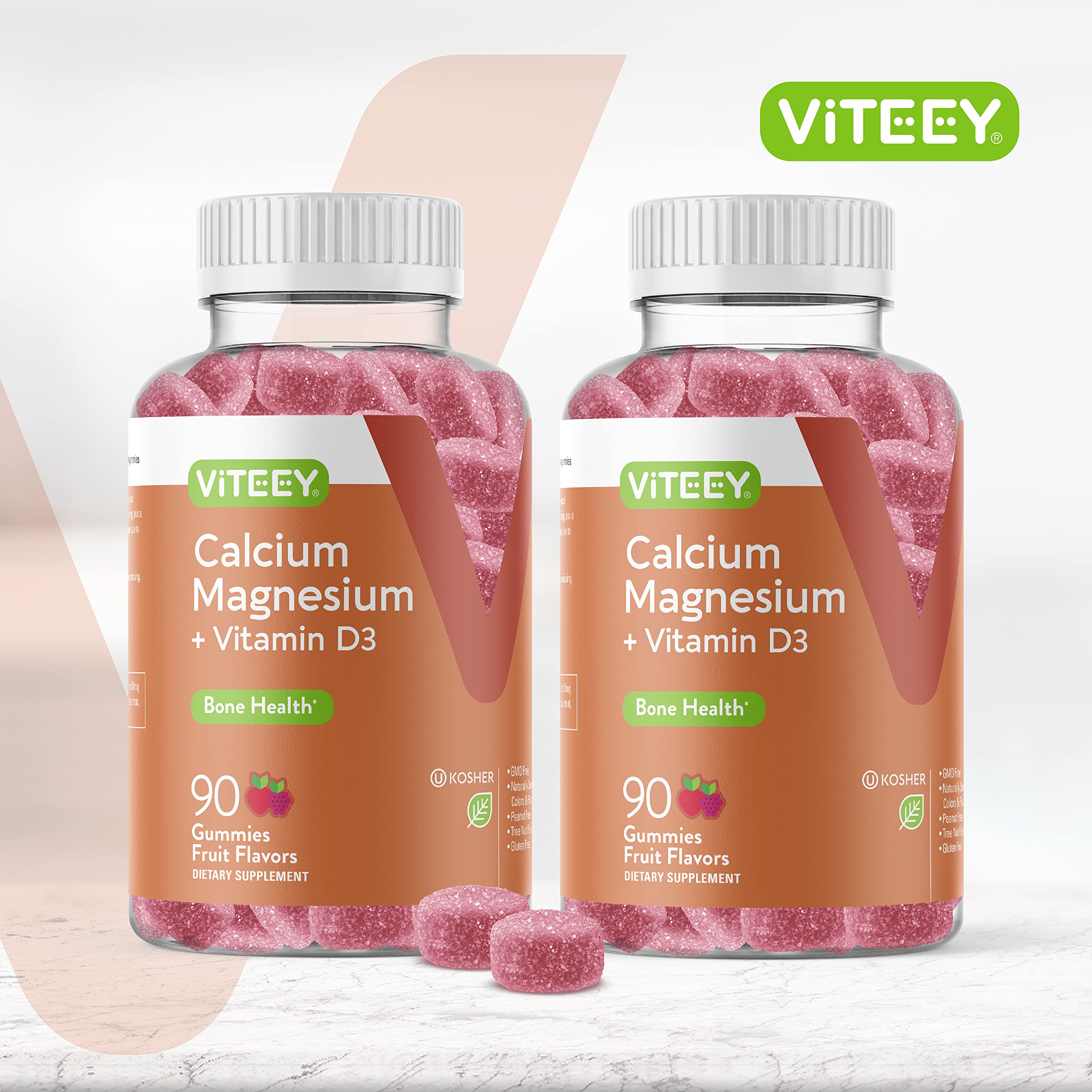 Viteey calcium gummies bottle label featuring Vitamin D3 and magnesium for bone support
