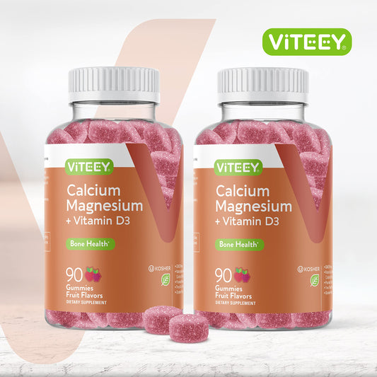 Viteey calcium gummies bottle label featuring Vitamin D3 and magnesium for bone support
