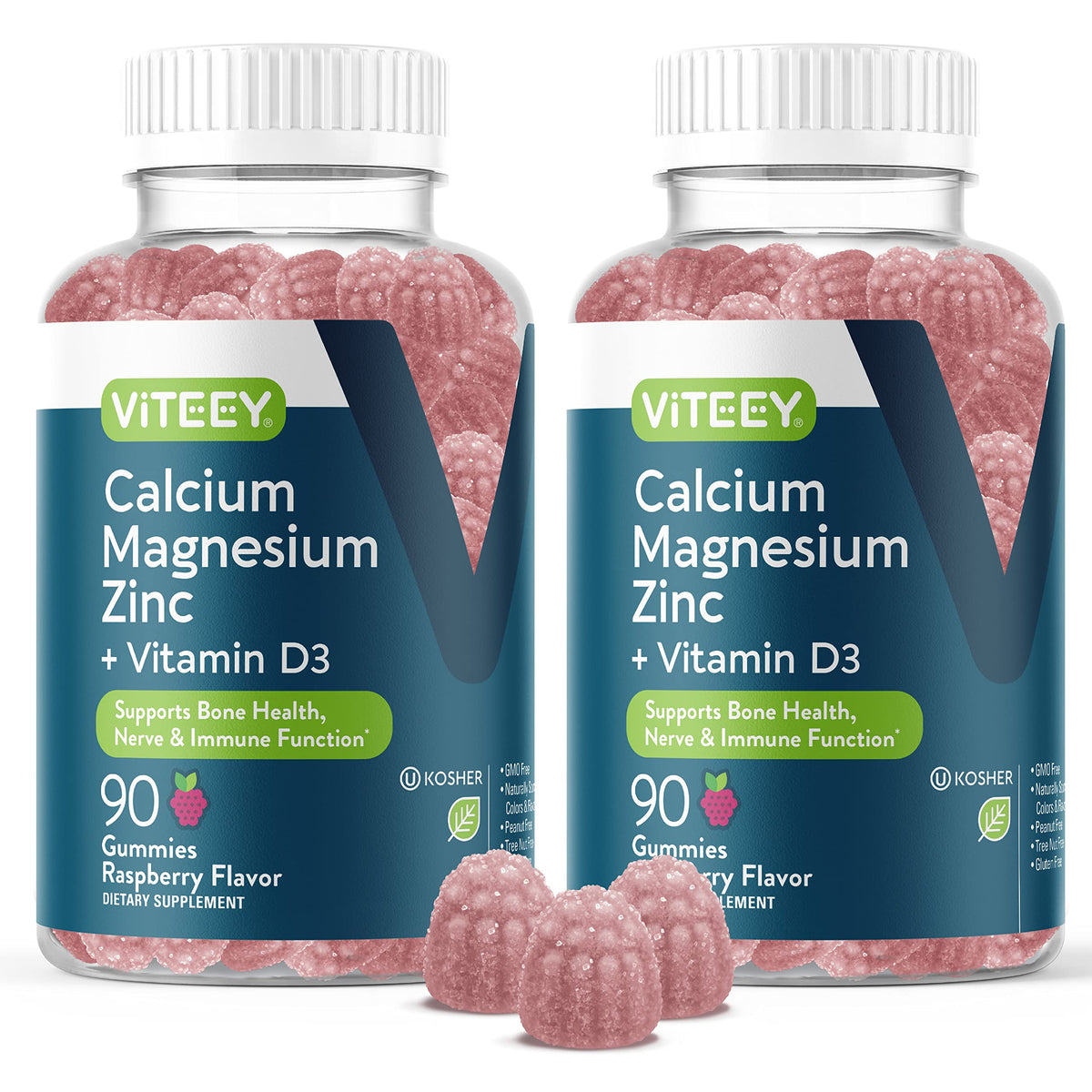 Viteey Calcium Magnesium Zinc Gummies raspberry bottle for daily bone support.